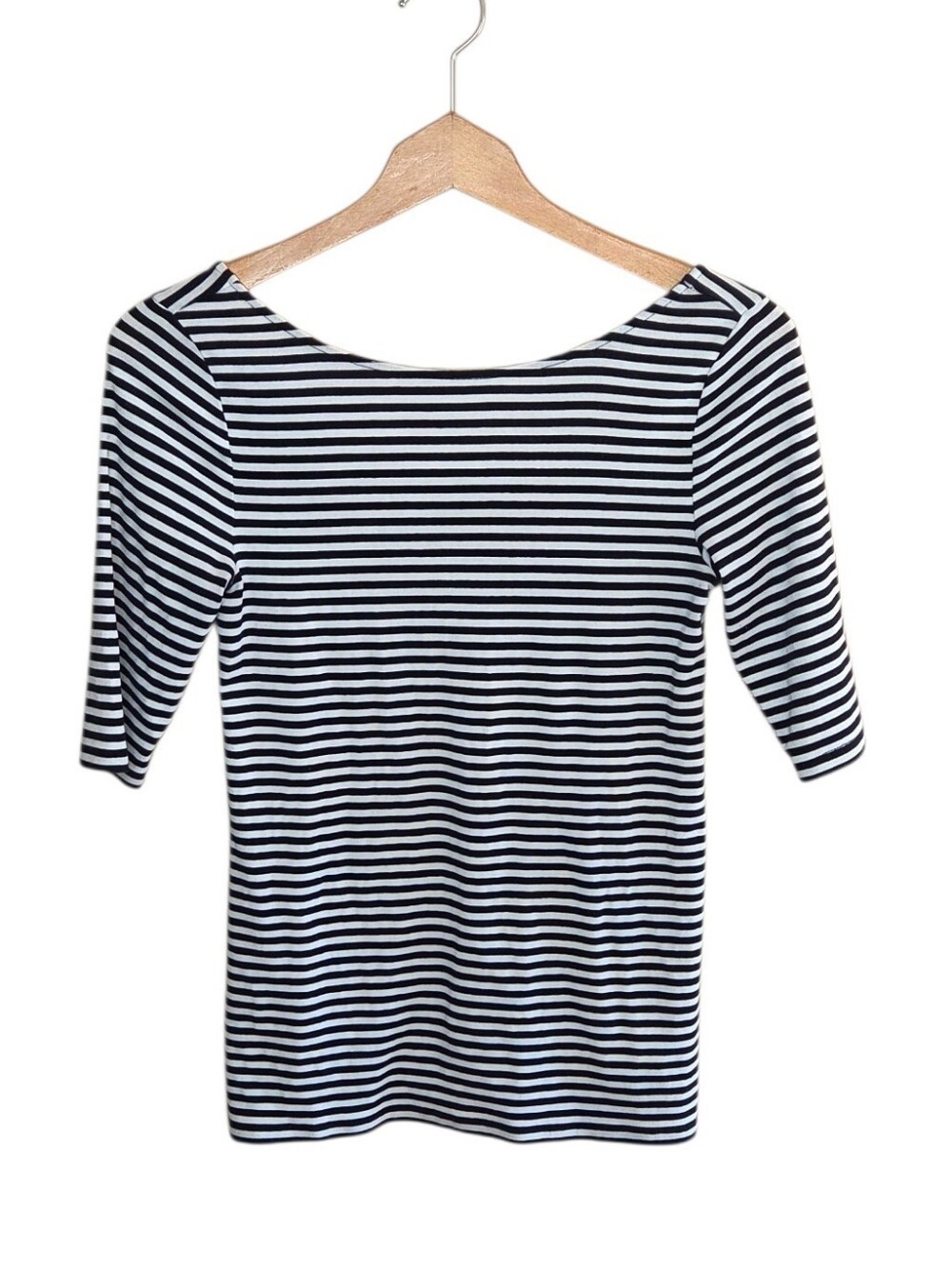 Old Navy Classic Black & White Striped Scoop Back Elbow Sleeve Top Size Small